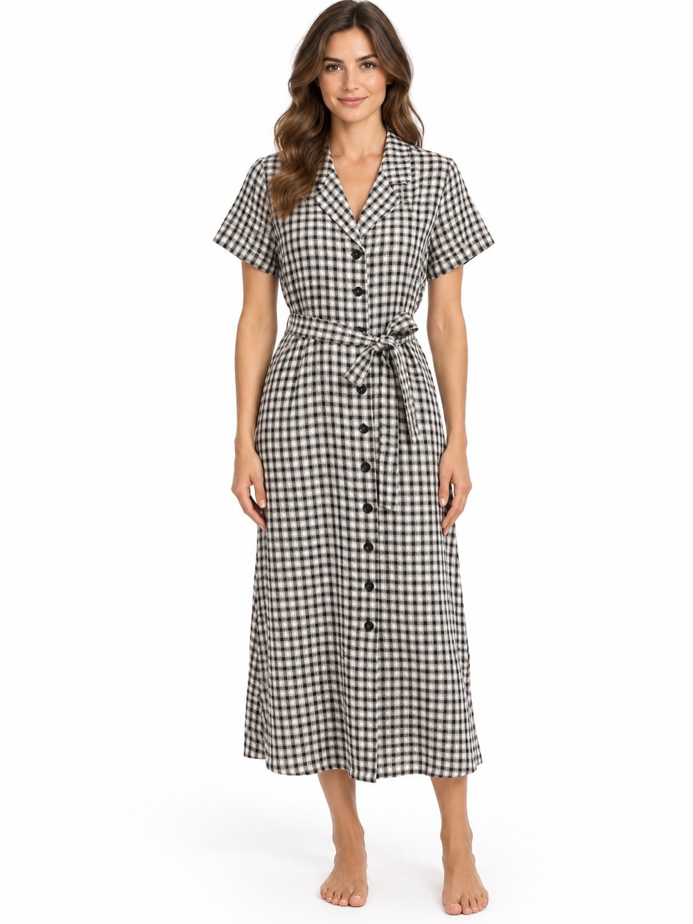 Quince 100% European Linen Gingham Button Front Belted Midi Dress M Black White